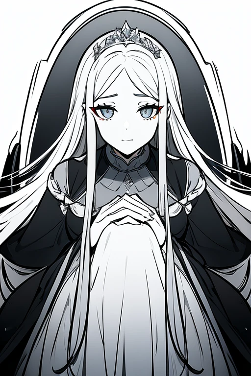 masterpiece, best quality, portrait, 1 adult woman, black background with a gray gradient from the bottom, long hair, clothes are a tight dress, white light comes from above, holds her hands behind her head, looks straight at the camera, Style is a black and white sketch image, she wears a tiara and has royal decorations, serious eyes
