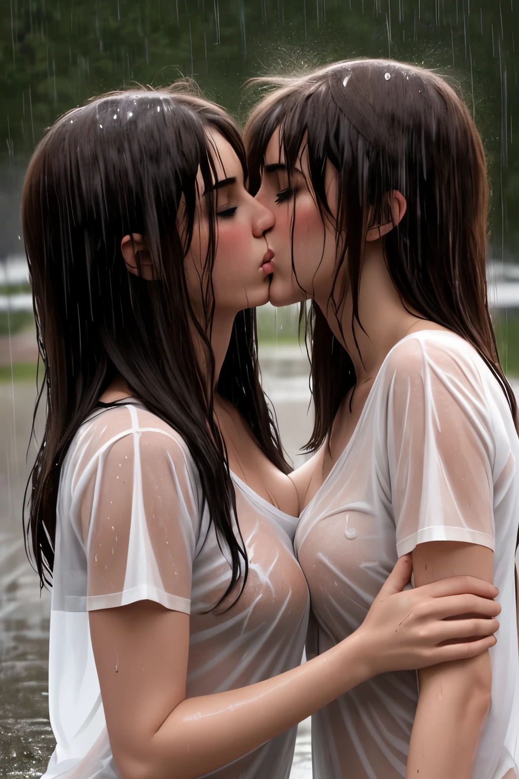 Brunettes kiss in the rain in wet T-shirts