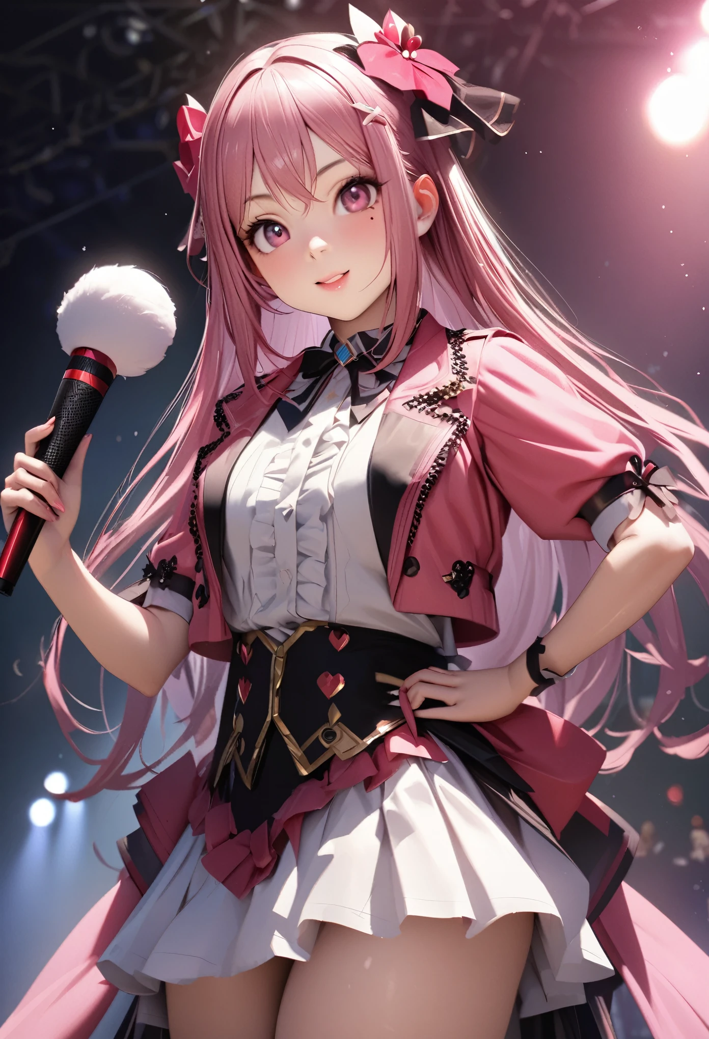 One Girl、Looking at the audience、
Beautiful Pink Eyes、long pink hair、,Mole under the eye、Plump and glossy lips、Heart-shaped choca、Idol、she is name Riko,smile、ー、。.。.。.。.。.。.。.。.。.。.。.。.。.。.。.。.。.。.3D、Realistic、
idol costume、short skirt,Drape clothes、gem、The decoration has been removed、Floral、Lace trim,On the glittering stage、
masterpiece、highest quality、8k、Detailed skin texture、Detailed cloth texture、Beautifully detailed face、Intricate details、Very detailed、
超A high resolution、8K Ultra HD、Film Grain、Best Shadow、delicate、Staring at the audience、front