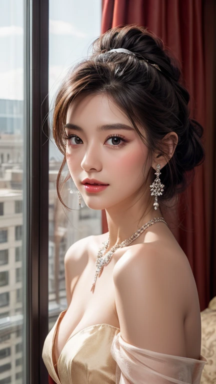 A luxury hotel room、Luxury Hotel、Professional Lighting、Professional Lighting、Black Hair、Tie your hair up、Gorgeous dress、elegant necklace、hair ornaments、Off the shoulder、