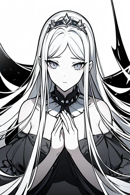 masterpiece, best quality, portrait, 1 adult woman, black background with a gray gradient from the bottom, long hair, clothes are a tight dress, white light comes from above, holds her hands behind her head, looks straight at the camera, Style is a black and white sketch image, she wears a tiara and has royal decorations, serious eyes
