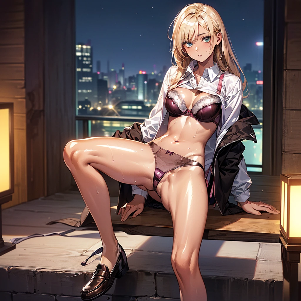 (((night,真night中))),((Dark atmosphere)),(whole body),((Perfect Anatomy:1.2,Realistic:1.3,Raw photo:1.3,masterpiece、highest quality、Ultra - High resolution、High resolution、Extremely detailed CG、8k)),((attractive way to sit)),((((Crouching pose)))),1 female,alone,18-year-old、High school girl beautiful girl,Japanese,((Beautiful and exquisite face and eyes:1.2,Big beautiful eyes:1.0,)),(Brighten your eyes),((Beautiful woman))、((Blonde)),Long Hair,(Center parted hair:1.4,amount),Medium chest,((slim body)),Small Head:1.3,skinny,(Brown Skin:1.8),(Oily skin,Glowing Skin,Shiny skin,Sweat:1.4),(((school uniform、Dark blue blazer jacket、((White Shirt))、Checkered pleated mini skirt))),((loafers)),(prostitution),((show off bra:1.1)),((open legs:1.5)),Dirty back alley、Tokyo、((Turn your body forward)),(lonely),((Feeling melancholy))、Stick out your crotch、(Detailed depiction of the crotch),(Apathy),(Lucky)、((Expressionless))、break,(((Satin Bra)))、(((Satin panties)))、(shiny bra:2),((Shiny panties:2))、((((Bra and panties in the same color))))