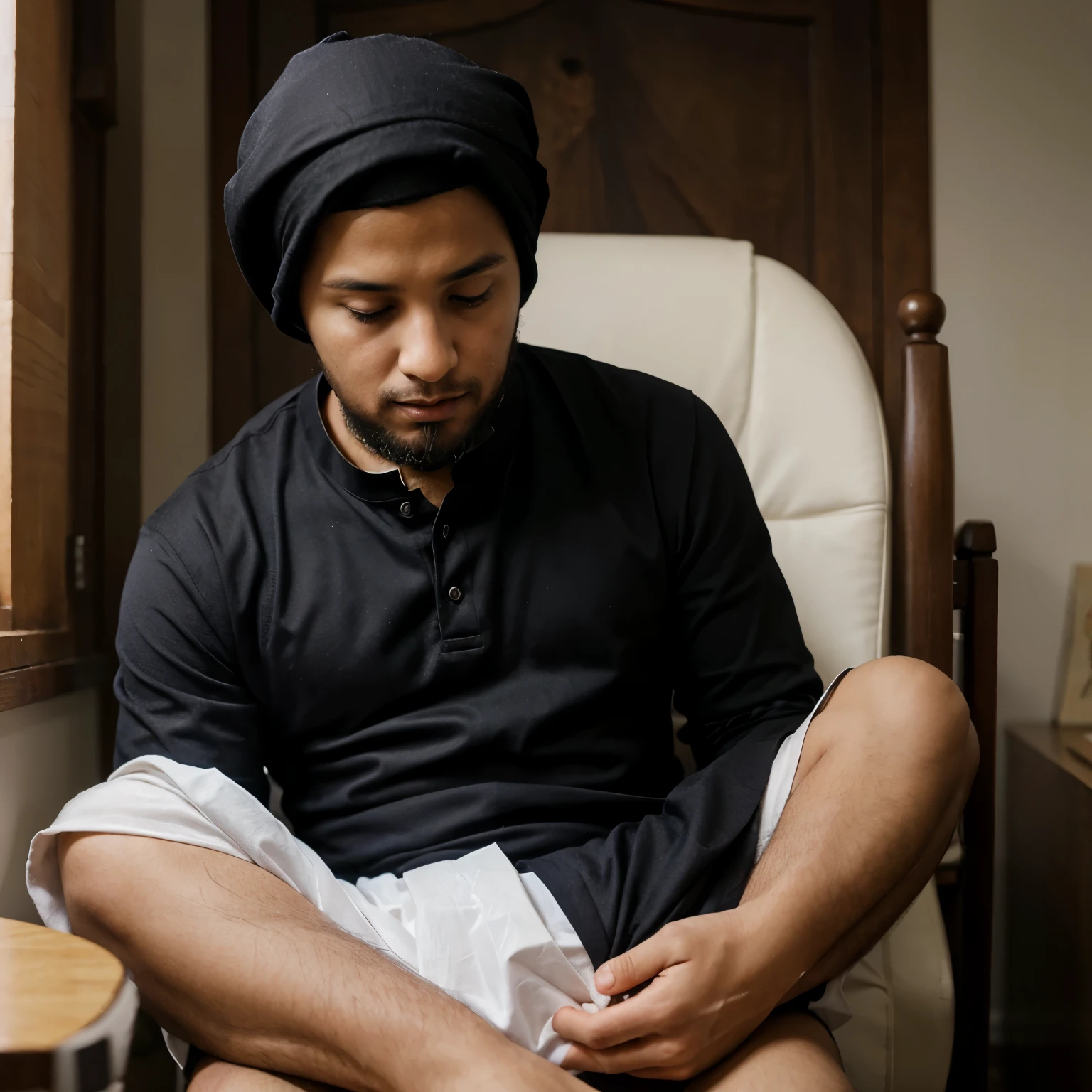 5 year old boy, sitting sweetly on his father's lap, wearing Muslim clothes