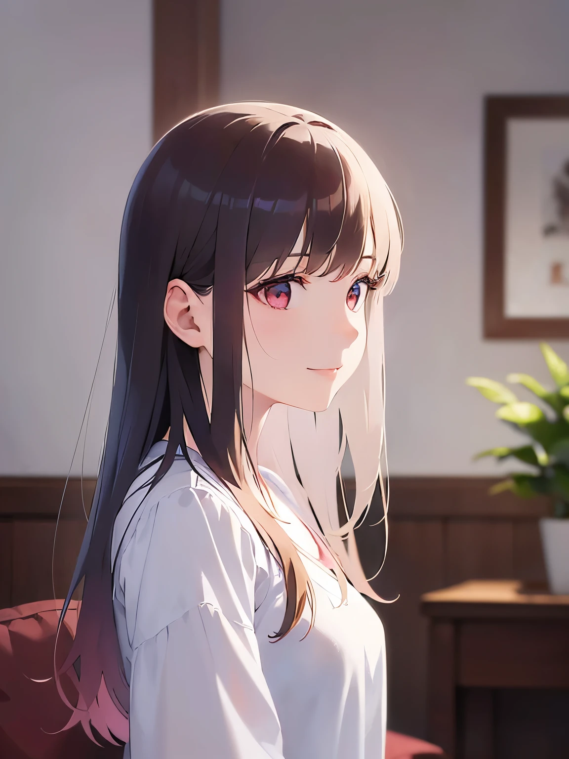 (looking away:1.5), side angle, Upper Body, Realistic, real person, (pale skin: 1.2), RAW photo, photorealistic, portrait photography, shiny skin, japanese idol、shiny hair、(A 25-year-old woman with medium-length hair and bangs) and (camel hair) and (pink eyes) , White blouse 、smile, The background is the living room、Alone、Are standing