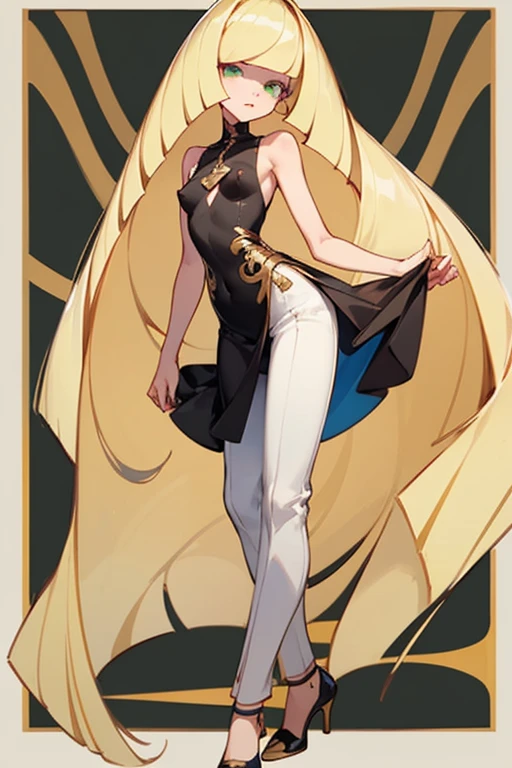 ((highest quality)), ((masterpiece)), (Familiar), Lusamine,thin,thin,Long blonde hair,Small breasts,Erect nipples,Adult female,Green Eyes,Slanted Eyes,Sleeveless dress,Black Dress,Gold embroidery,Pants Style,High heels,Fascinating
