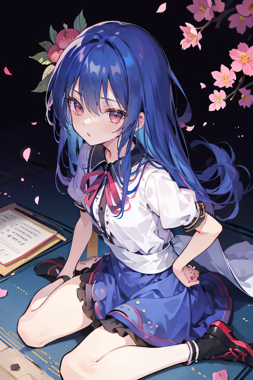 (best quality, masterpiece:1.2), expressive eyes, perfect face, 1 girl, hands on waist, beautiful, gorgeous, Japanese animation, Lola, Hinamori Angel, blue hair, floating clothes, waist grab, waist grab, hands on hips, sitting, sitting on the ground, legs on the ground, flat-chested, falling petals, sitting in a pavilion, pavilion,sunrise,Petals fall,