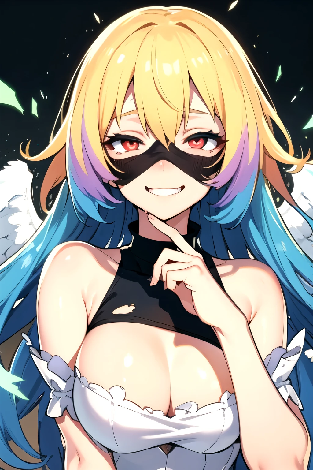 angel, wing, masterpiece, detailed quality, 1girl, solo, gradient background, score_9, source_anime, score_8_up, score_7_up, x3dce, 3d, IncrsXLBrknGls, broken glass, upper body, (reflection), ebiblue, gesugao, glowing eyes, blush, masochist, wide smile, hands on face, drool, floating hair, debris, Put on a blindfold