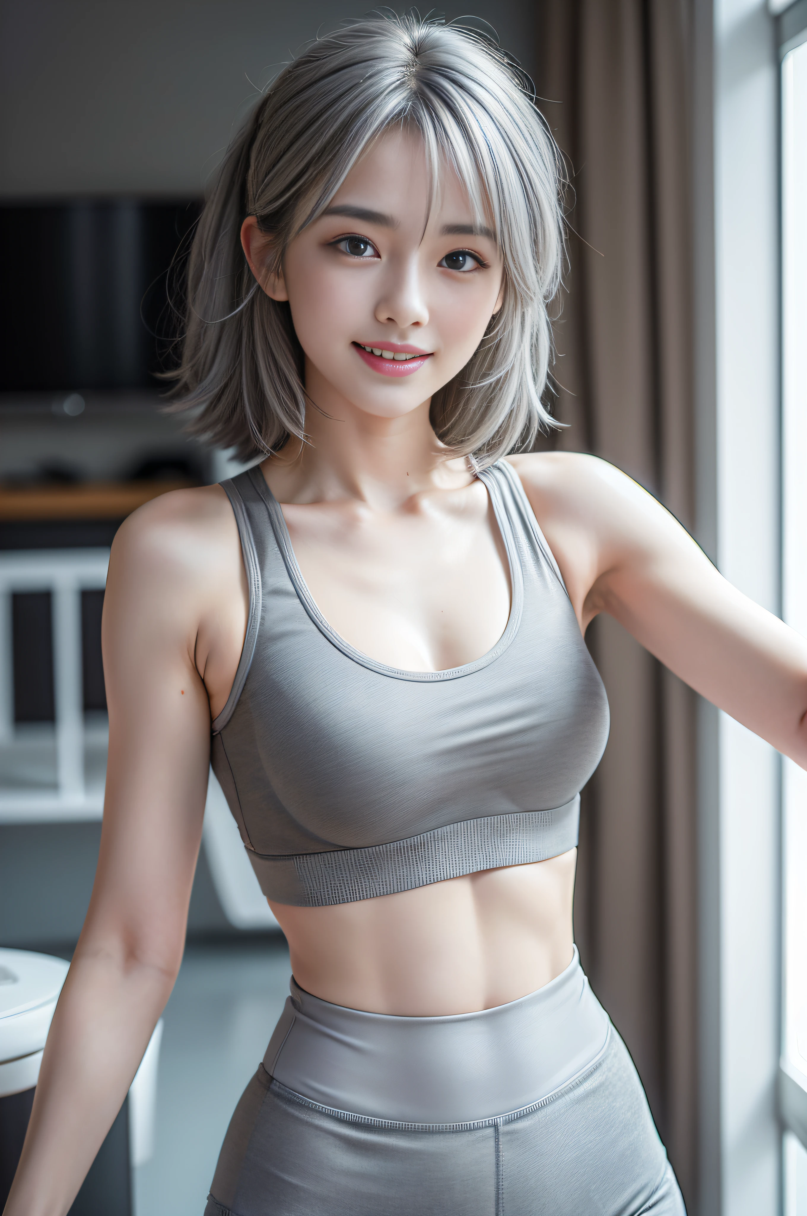 Blue eyes、The best smile、(Ash gray hair:1.5)、No underwear、 、sensual breasts、hair pin、Hi-Res、Shaded face、short-hair、solo、Beautiful breasts、、The skin is shiny、、My eyes are moist 、A sexy、(Solo), (a detailed upperbody RAW photo of a girl), (masutepiece:1.0), (Best Quality:1.4), (超A high resolution:1.2), (Photorealistic:1.4), 8K resolution, Canon EOS R5, 50 millimeters, absurderes, ultra-detailliert, (20 y.o), Sharp Focus, Cinematic lighting, Detailed beautiful face, (makeup:1.2), (ulzzang -6500-v1.1), figure, Detailed skin texture, pale skin, flat chest, (skinny and fit body:1.3), Thigh gap, sweltering,(very messy hair:1.5), Smiling, (Sports Bra, Sports Leggings:1.4), realistic glistening skin,(Sweating:1), Slim waist, Seductive ,Smile,、yoga pose