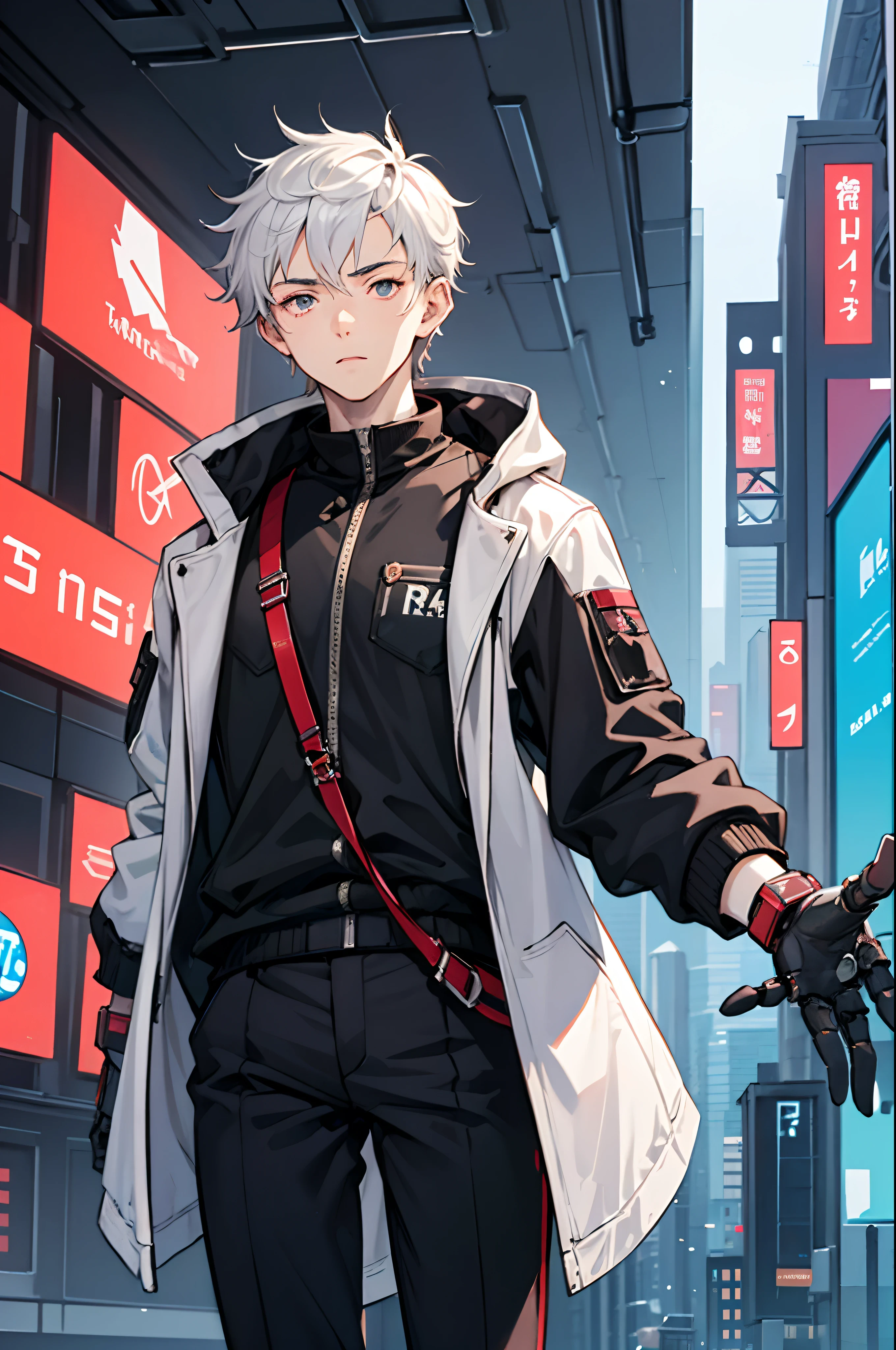 A 15-year-old boy, A boy engineer and mechanic, robot boy, Height 1.6m, Weight 60 kg, Pale complexion, No beard, without a goatee, no facial hair, no body hair, White hair color, Straight Hair, Pointed ears, Futuristic black jacket, Cyberpunk black clothes, A mixture of anime robots and organic matter, Silver-haired boy, Network Power, Scientific Power