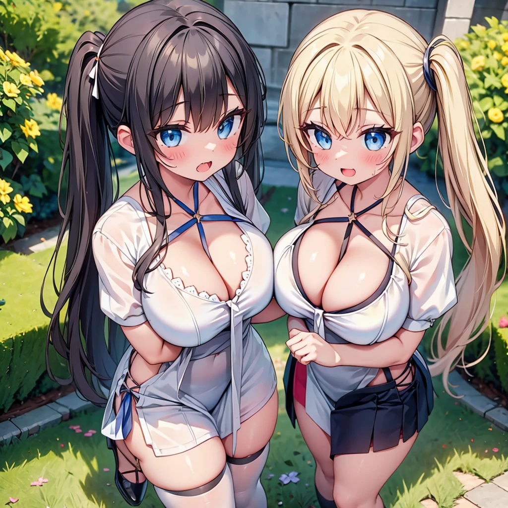 highest quality,wonderful,finely,extremely detailed CG Unity 8K wallpaper, (Stand in line:1.2), (3 girls, cute eyes, Black Hair, side ponytail, clothed), (sparkling eyes:1.2), (huge breasts:1.2), (wariza:1.4), (cleavage), (open mouth:1.1), (long tongue:1.1), (mouth drool:1.1), (black stockings:1.1),(Thighs:1.2),(Waistline:1.1),(Waistline), (From above:1.4)