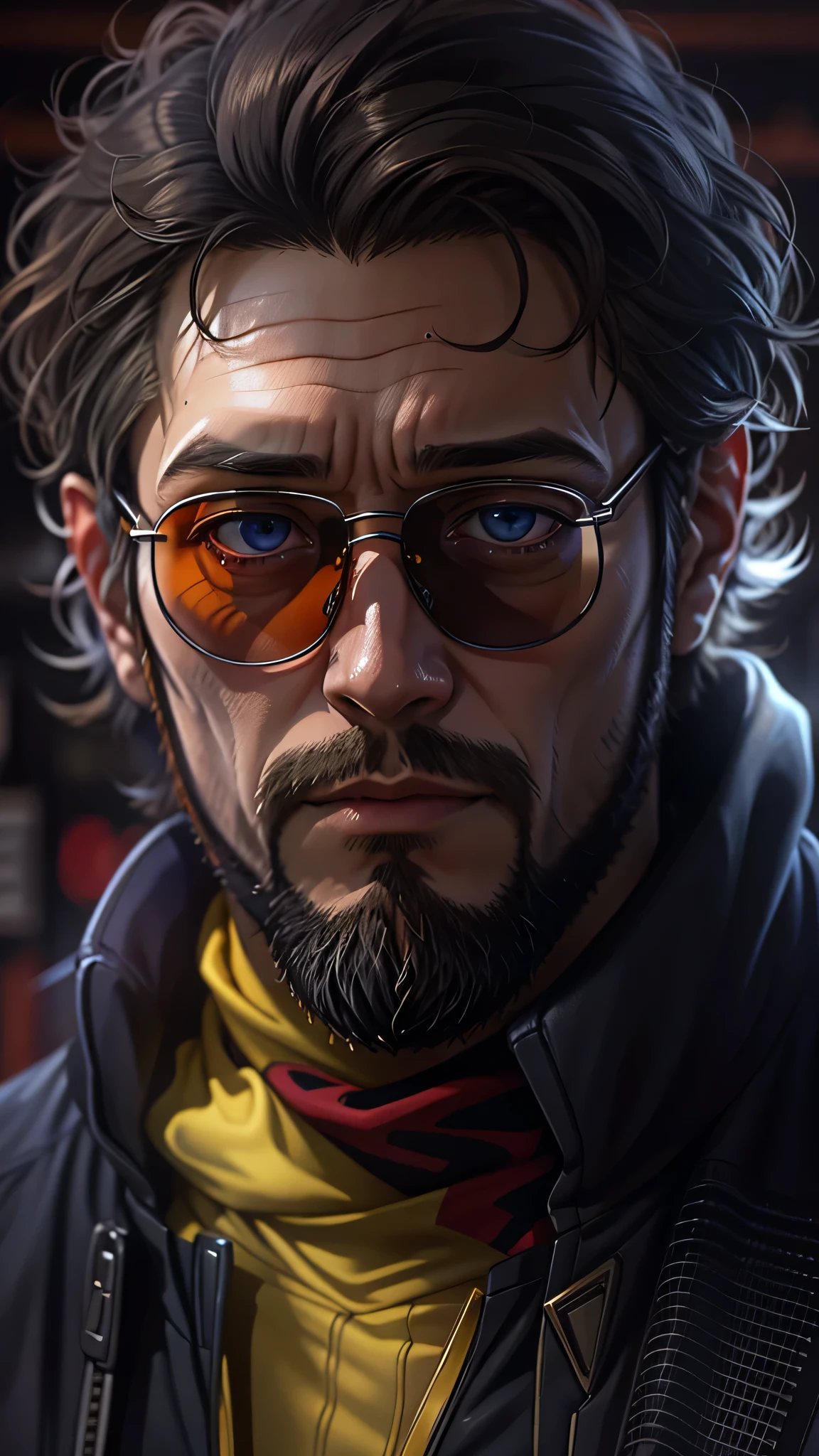 (Realistic, photoRealistic), (masutepiece, High quality, Best Quality), (Colorful),(Delicate eyes and face), volumatic light, Ray tracing, the Extremely Detailed CG Unity 8K Wallpapers, Solo, One Man, alone, Gendo Ikari, Black Hair, beard, Facial hair, Black jacket, Red turtleneck, Yellow sunglasses, graduate School