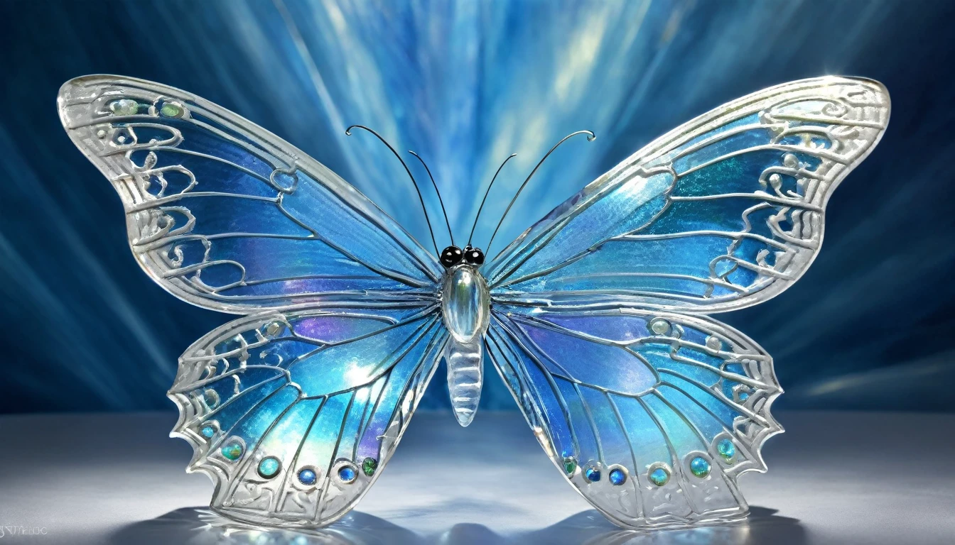 spectacular blue glass butterfly, vibrant colors, delicate wings, intricate details, shimmering reflections, transparent beauty, ethereal glow, intricate patterns, mesmerizing symmetrical design, high resolution, realistic, studio lighting, vivid hues, iridescent shades, exquisite craftsmanship, masterful artistry, breathtaking composition, magical and otherworldly, surreal, enchanting, sparkling, ephemeral elegance, iridescent blue, transparent wings, intricate veins, subtle textures, delicate fragility, mesmerizing beauty, floating gracefully, iridescent light, captivating, captivating beauty, delicate flutter, glimmering transformation, surrealistic art, surrealistic beauty, dream-like, floating in mid-air, luminous glow, otherworldly charm, ethereal grace, delicate splendor, graceful movement, celestial wonder, iridescent glass, translucent shimmer, delicate angles, transparent delicacy, elegant enchantment