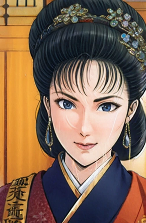 (best quality), (very aesthetic), (ultra-detailed), (best illustration),NSFW,a mature female,Perfect Face,Suikoden,Mrs. Lin,(full_body),big breast,red cheek,Sweating,skinny, chinese traditional clothes,chinese traditional style bed,Has a surprised look on his face