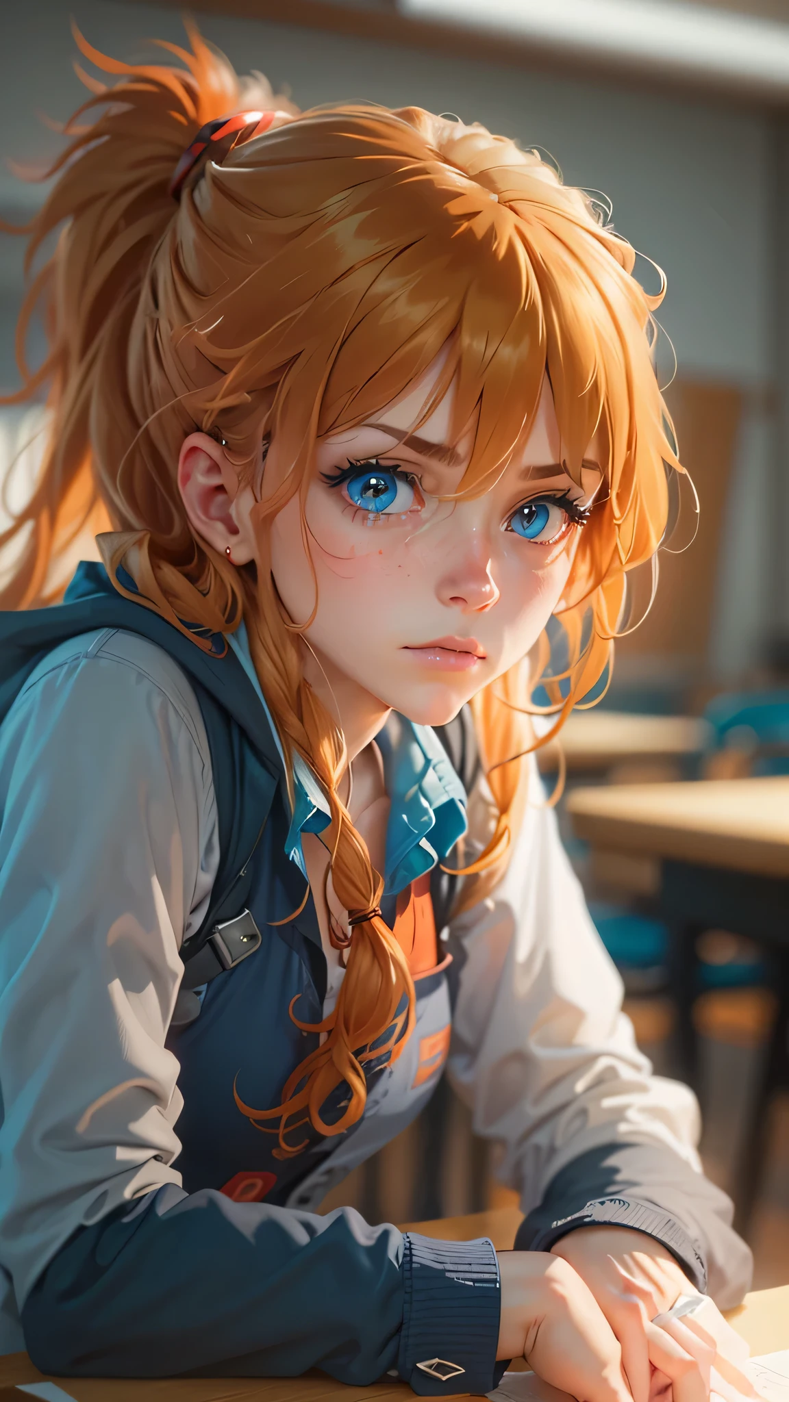 (Realistic, photoRealistic),(masutepiece, High quality, Best Quality), (Colorful),(Delicate eyes and face), volumatic light, Ray tracing, the Extremely Detailed CG Unity 8K Wallpapers, 1girl, Asuka Langley, Orange hair, , Blue vest, Frown, noon, classroom