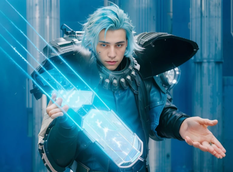 A ultra realistic boy with blue hairs, blue leather jacket,black shoulders pads of metal, lighting blueblines from hands, post apocalyptic city background, photo realistic, ultra realistic, uhd, 4k, Professional photography nikon, insane details
