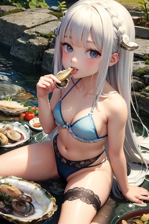 Oyster girl eating raw oysters