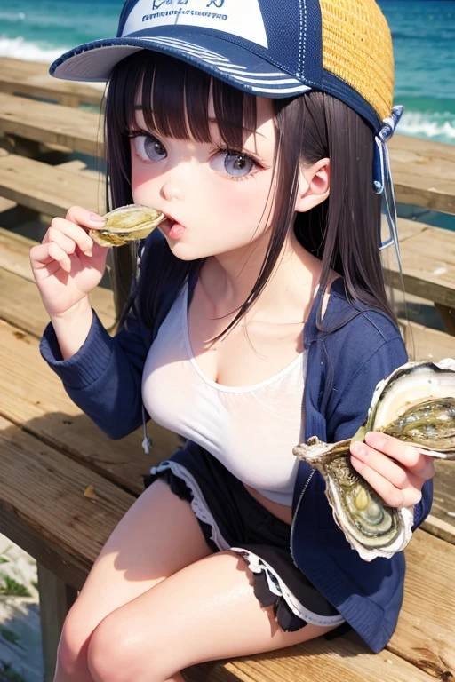 Oyster girl eating raw oysters