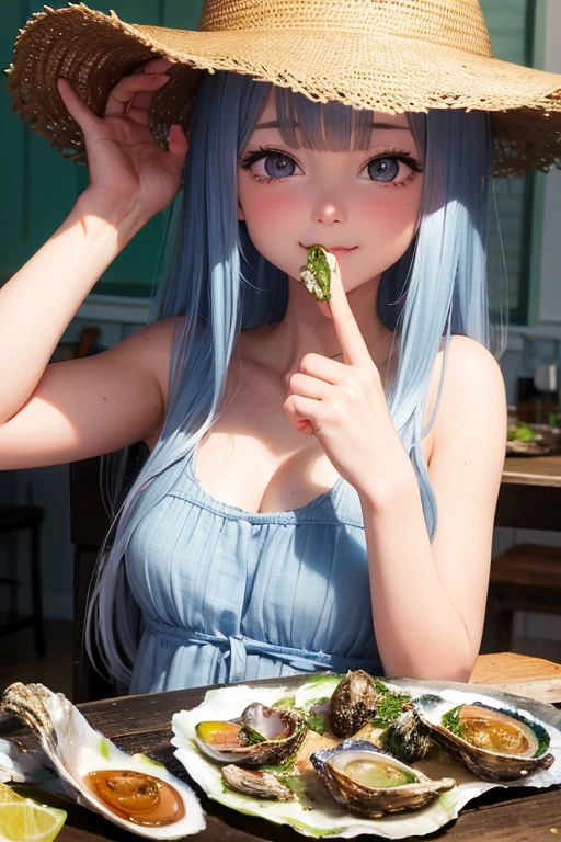 Oyster girl eating raw oysters