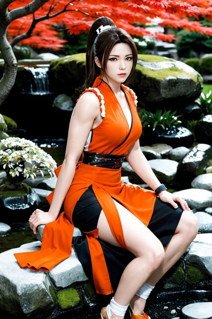 Mai Shiranui, (best quality,ultra-detailed),(Realistic:1.37), beautiful and detailed face, Ultra-realistic texture, delicate face, athletic body, vivid colors. High definition, 8k