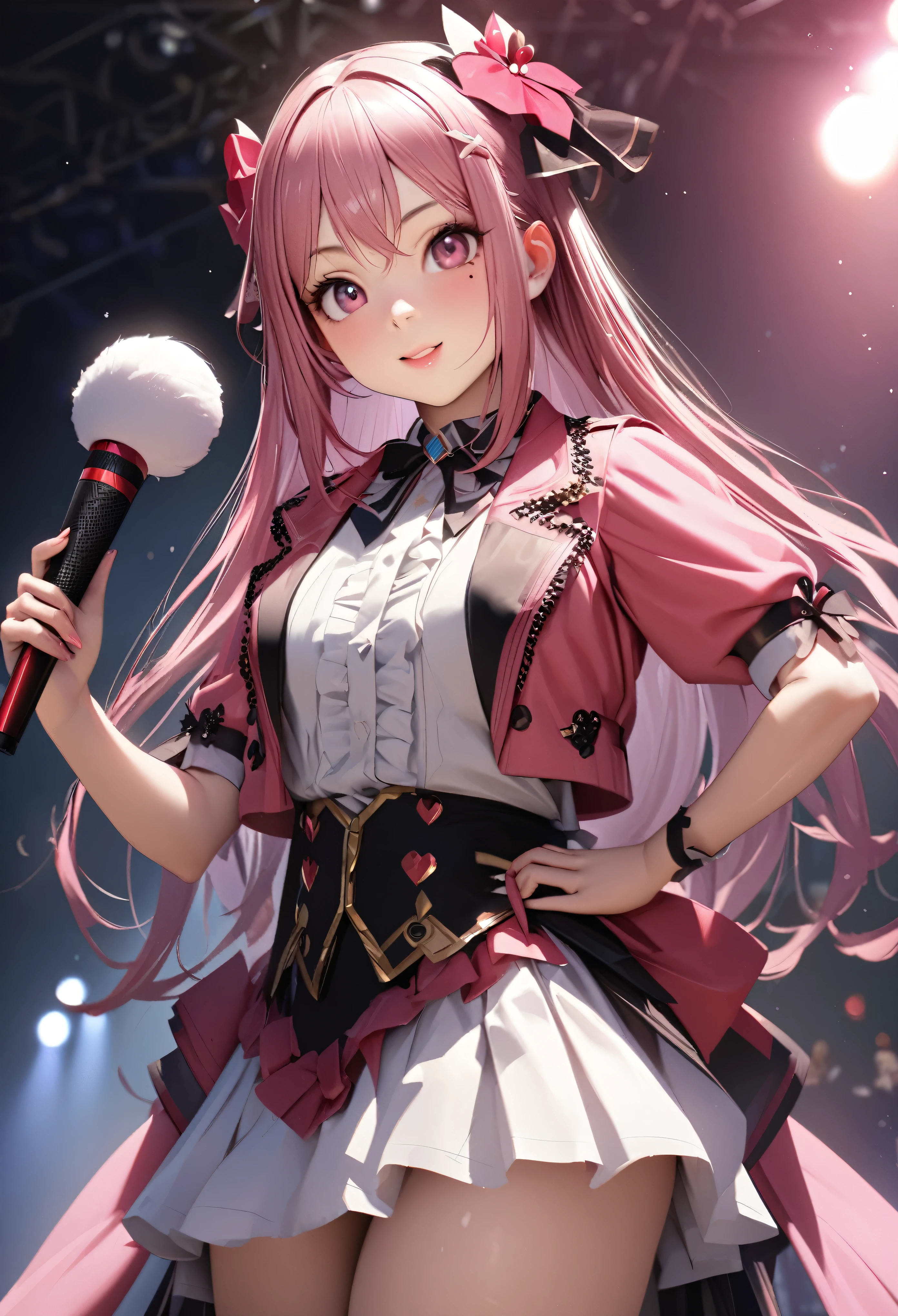 One Girl、Looking at the audience、
Beautiful Pink Eyes、long pink hair、,Mole under the eye、Plump and glossy lips、Heart-shaped choca、Idol、she is name Riko,smile、ー、。.。.。.。.。.。.。.。.。.。.。.。.。.。.。.。.。.。.3D、Realistic、
idol costume、short skirt,Drape clothes、gem、The decoration has been removed、Floral、Lace trim,On the glittering stage、
masterpiece、highest quality、8k、Detailed skin texture、Detailed cloth texture、Beautifully detailed face、Intricate details、Very detailed、
超A high resolution、8K Ultra HD、Film Grain、Best Shadow、delicate、Staring at the audience、front