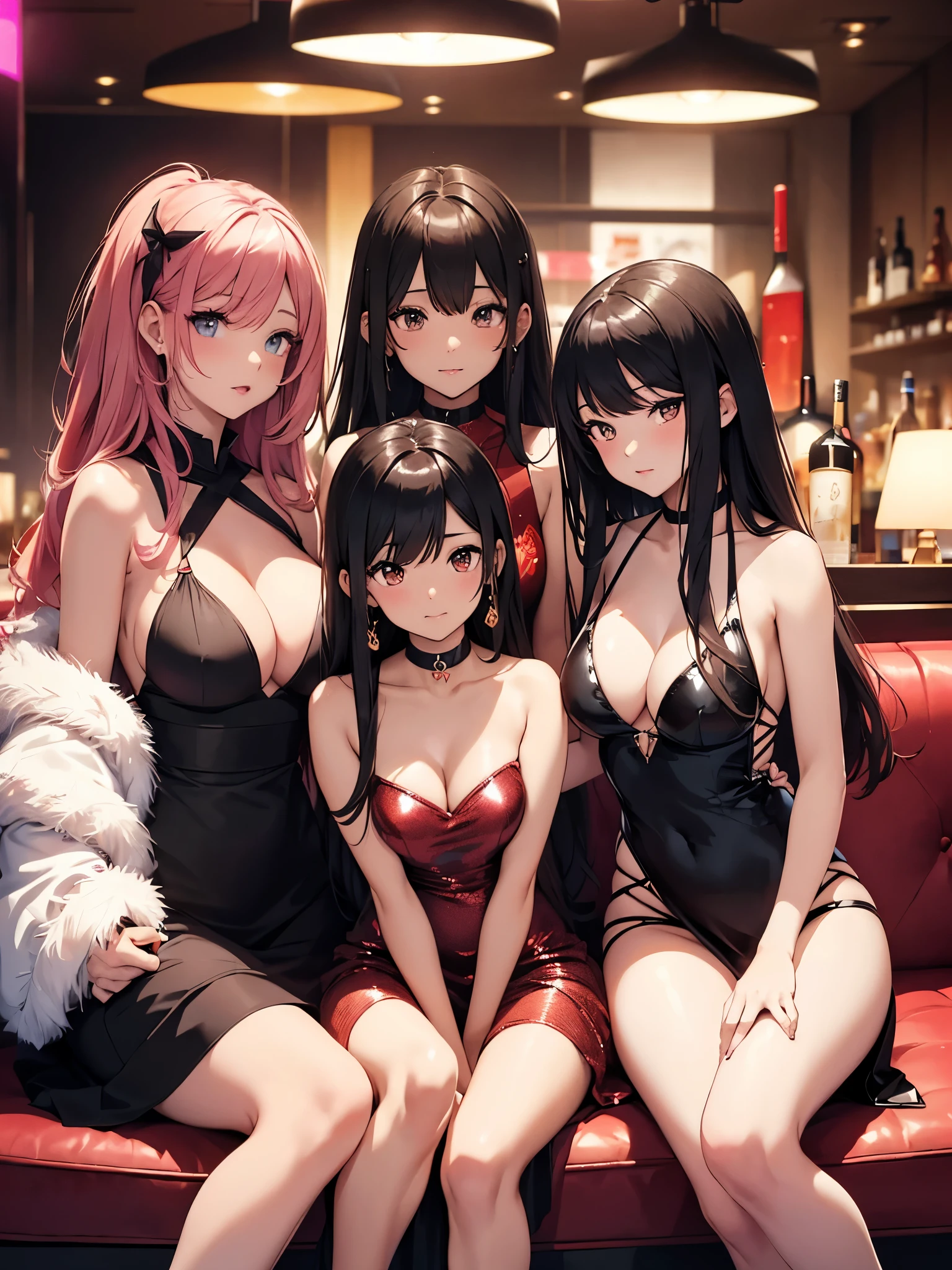 4 girls 、(Blackskin and Brown Skin and Whiteskin Gyarus:1.5, Random gyaru), Chilarism、(nightclub:1.5, nightclub lady:1.2, Nightlounge:1.2, lounge girls:1.3, neon Light and Dark)、Upper body portrait、drink alcohol、Drunkards、Fun atmosphere、sexy girls、Sit on the big red sofa、 Shiny Velvet Dress、Night dress、split dress、Sequin dress、