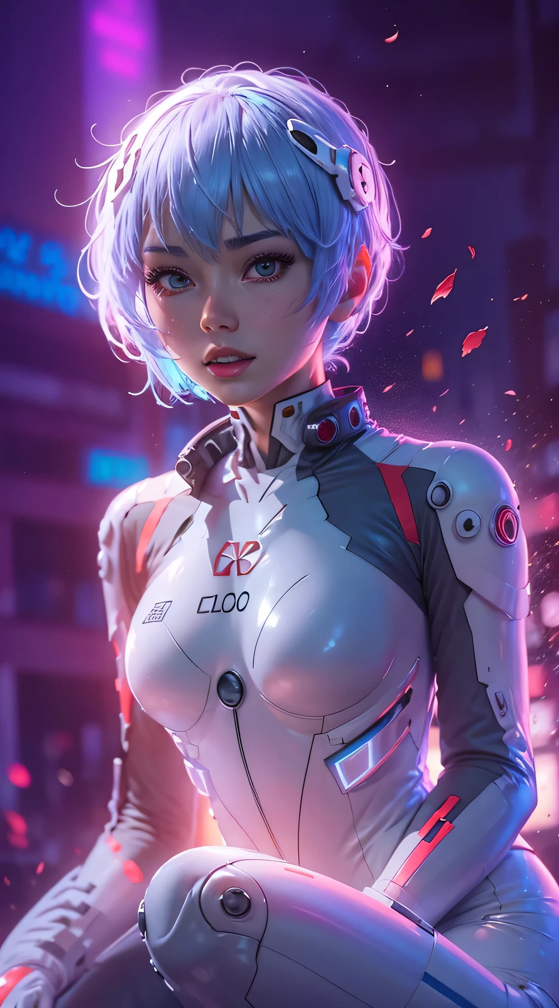 (Realistic, photoRealistic), Ayanami_wang, 1girl in, Blue short hair, white hair ornament, ((White bodysuit, gloves)), Saihar body), Sitting on the ground, (Cowboy Shot),(masutepiece, High quality, Best Quality), (Colorful),(Delicate eyes and face), volumatic light, Ray tracing, the Extremely Detailed CG Unity 8K Wallpapers,Solo((flying petal)),Outdoors, ((Cyberpunk)), Cyber City, ((neon trim)), Night,(Cityscape),frontage,opening legs