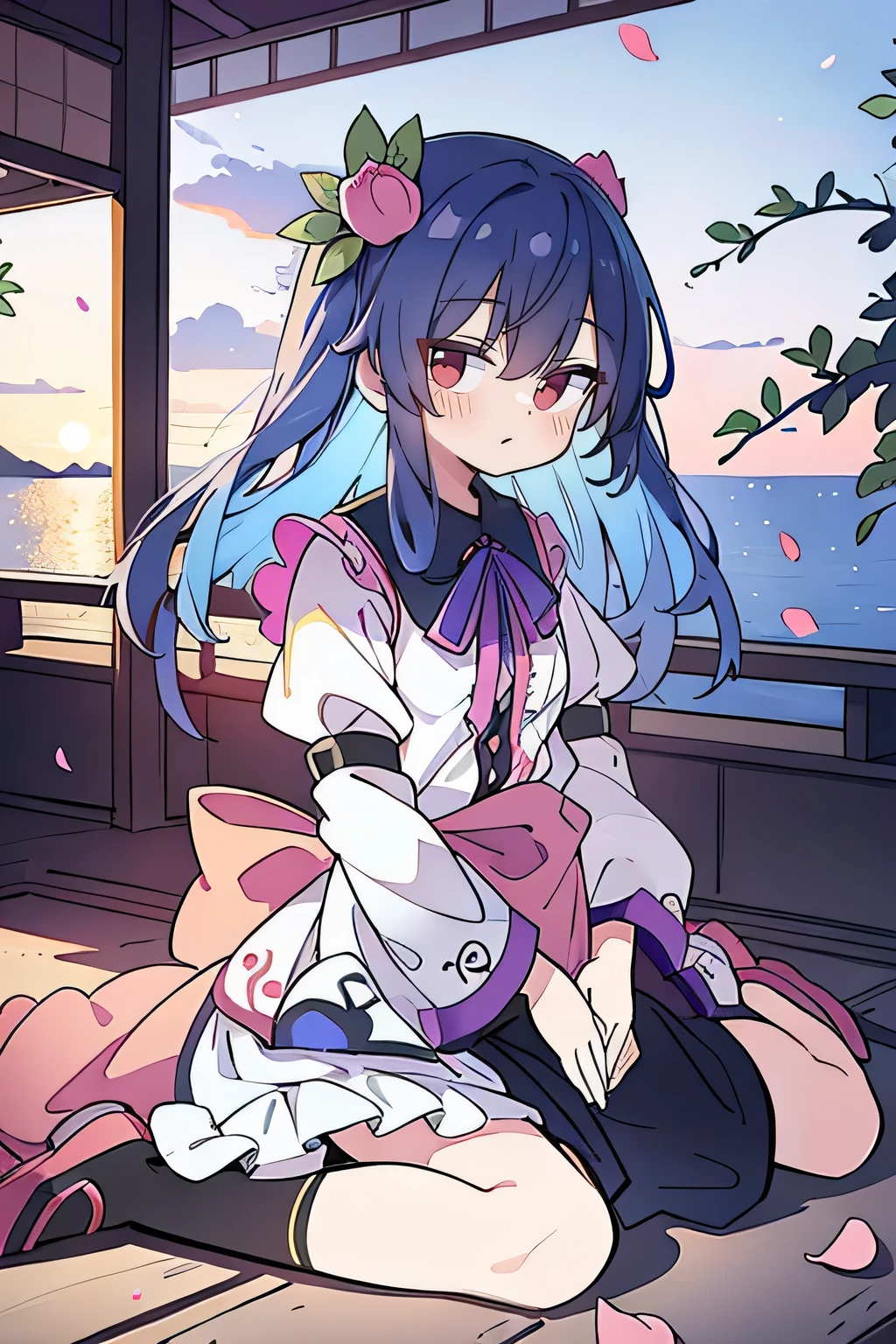 (best quality, masterpiece:1.2), expressive eyes, perfect face, 1 girl, hands on waist, beautiful, gorgeous, Japanese animation, Lola, Hinamori Angel, blue hair, floating clothes, waist grab, waist grab, hands on hips, sitting, sitting on the ground, legs on the ground, flat-chested, falling petals, sitting in a pavilion, pavilion,sunrise,Petals fall,