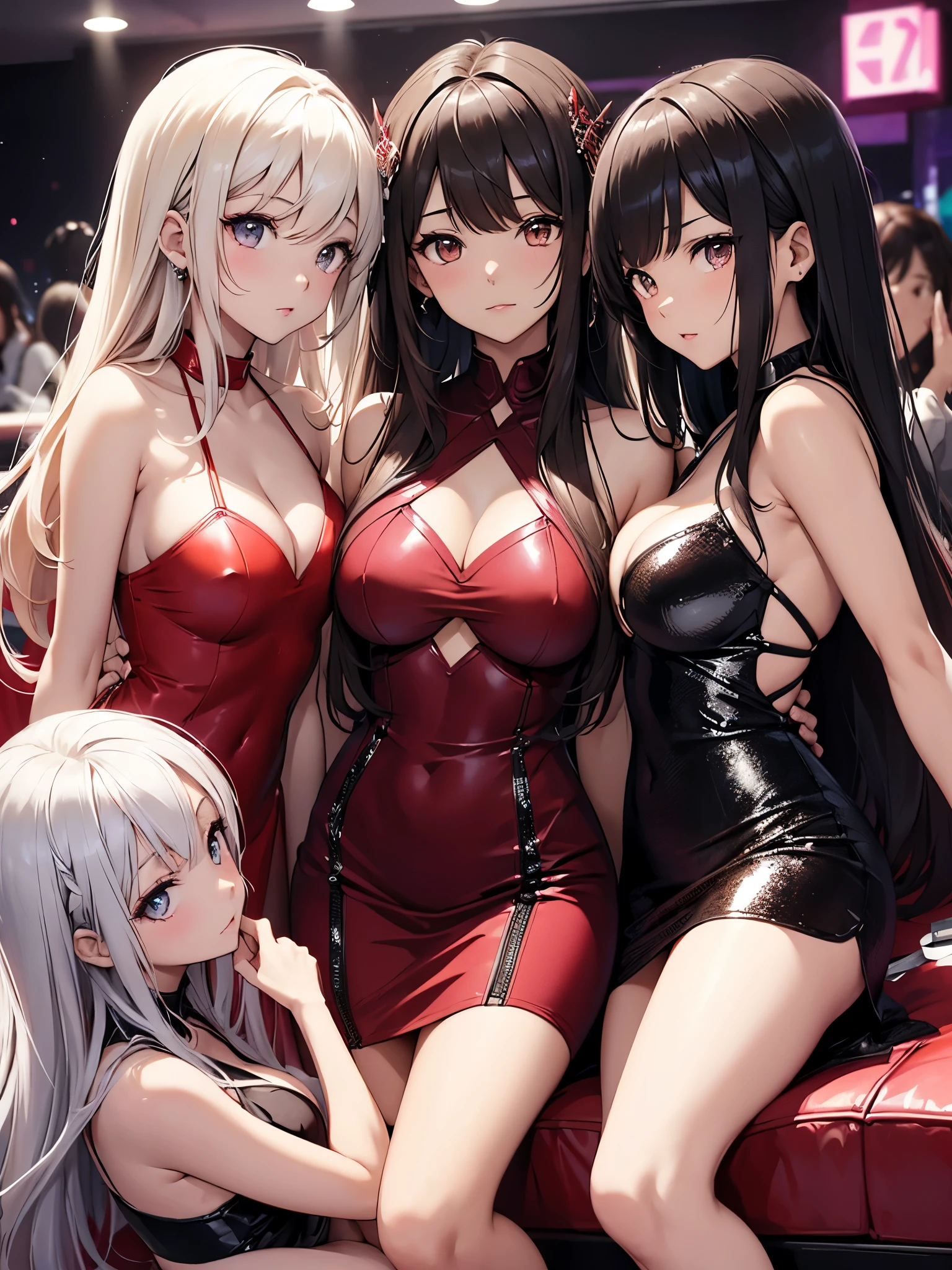 4 girls 、(Blackskin and Brown Skin and Whiteskin Gyarus:1.5, Random gyaru), Chilarism、(nightclub:1.5, nightclub lady:1.2, Nightlounge:1.2, lounge girls:1.3, neon Light and Dark)、Upper body portrait、drink alcohol、Drunkards、Fun atmosphere、sexy girls、Sit on the big red sofa、 Shiny Velvet Dress、Night dress、split dress、Sequin dress、