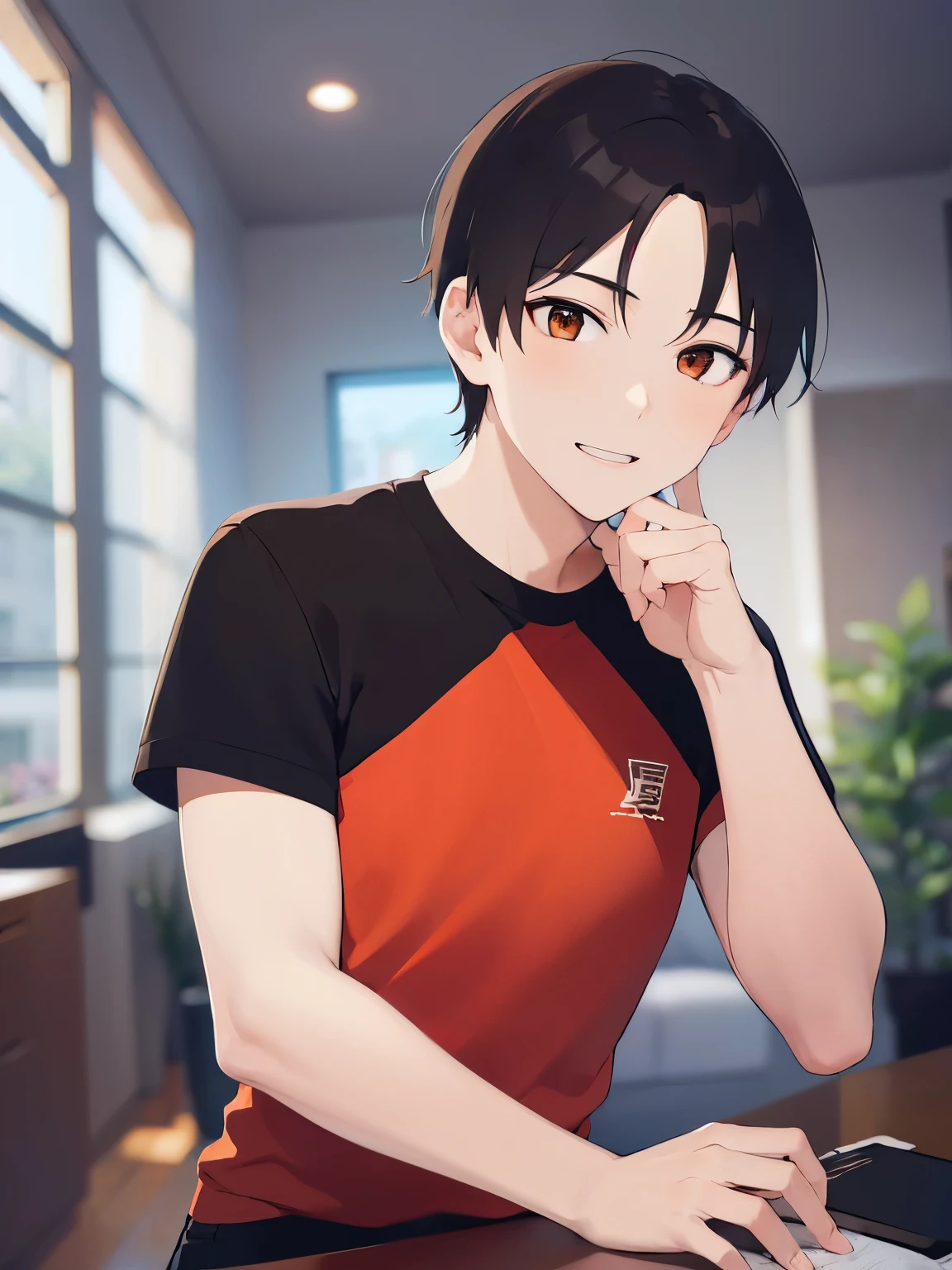 Upper Body, masterpiece、highest quality、(25-year-old male:1.5) and (brown short hair) and (Orange eyes), Wearing a plain black T-shirt、Are standing、smile、The background is the living room、(Alone:1.5)