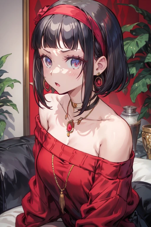 masterpiece, yor, 1girl, solo, looking at viewer, open mouth, black hair, red eyes, dress, bare shoulders, jewelry, collarbone, sidelocks, hairband, earrings, indoors, off shoulder, :o, sweater, arms behind back, plant, short hair with long locks, white hairband, off-shoulder dress, sweater dress, off-shoulder sweater, red sweater, big side hair, very long side hair,is rendered in (masterpiece: 1.2, best quality), with (ultra high resolution) and an exquisite (depth of field). This masterpiece is not only visually stunning but also tells
