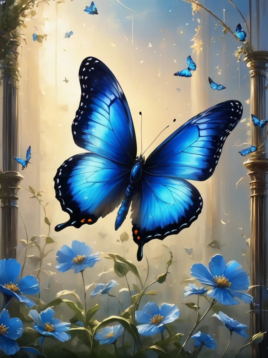 An absolutely fantastic scene,a blue butterfly,Hot and energetic,With blue、dark blue tint,It dances in the air,The wings sway rhythmically around the polished metal poles,The pole stands alone in a dimly lit,In the lively club,Please note,The blue butterfly symbolizes beauty and enchantmen dance echoes its struggles and triumphs,All of this is captured in this mesmerizing scene