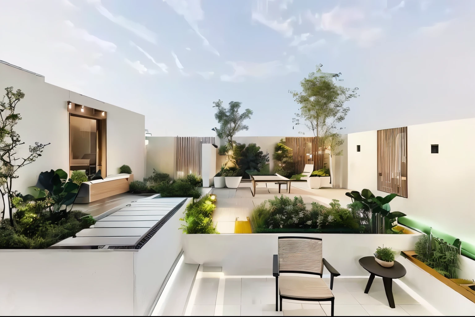 Terrace view with table, chairs and benches, roof花园, on roof, outdoor design, Rendering, roof, Housing Design, city roof, balcony, in a roof, 全白Rendering, beautiful balcony, green balcony, on a roof, Overall architectural design, Strive for perfection, plants and patio, There is a garden