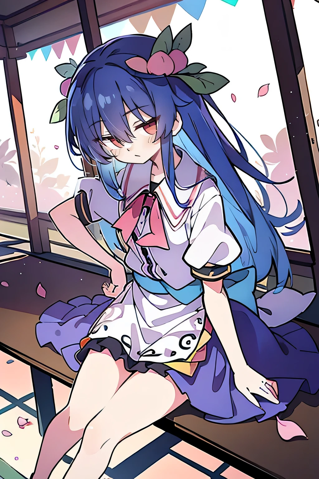 (best quality, masterpiece:1.2), expressive eyes, perfect face, 1 girl, hands on waist, beautiful, gorgeous, Japanese animation, Lola, Hinamori Angel, blue hair, floating clothes, waist grab, waist grab, hands on hips, sitting, sitting on the ground, legs on the ground, flat-chested, falling petals, sitting in a pavilion, pavilion,sunrise,Petals fall,