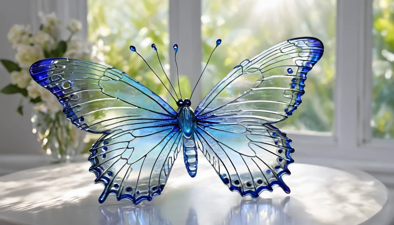 spectacular blue glass butterfly, vibrant colors, delicate wings, intricate details, shimmering reflections, transparent beauty, ethereal glow, intricate patterns, mesmerizing symmetrical design, high resolution, realistic, studio lighting, vivid hues, iridescent shades, exquisite craftsmanship, masterful artistry, breathtaking composition, magical and otherworldly, surreal, enchanting, sparkling, ephemeral elegance, iridescent blue, transparent wings, intricate veins, subtle textures, delicate fragility, mesmerizing beauty, floating gracefully, iridescent light, captivating, captivating beauty, delicate flutter, glimmering transformation, surrealistic art, surrealistic beauty, dream-like, floating in mid-air, luminous glow, otherworldly charm, ethereal grace, delicate splendor, graceful movement, celestial wonder, iridescent glass, translucent shimmer, delicate angles, transparent delicacy, elegant enchantment