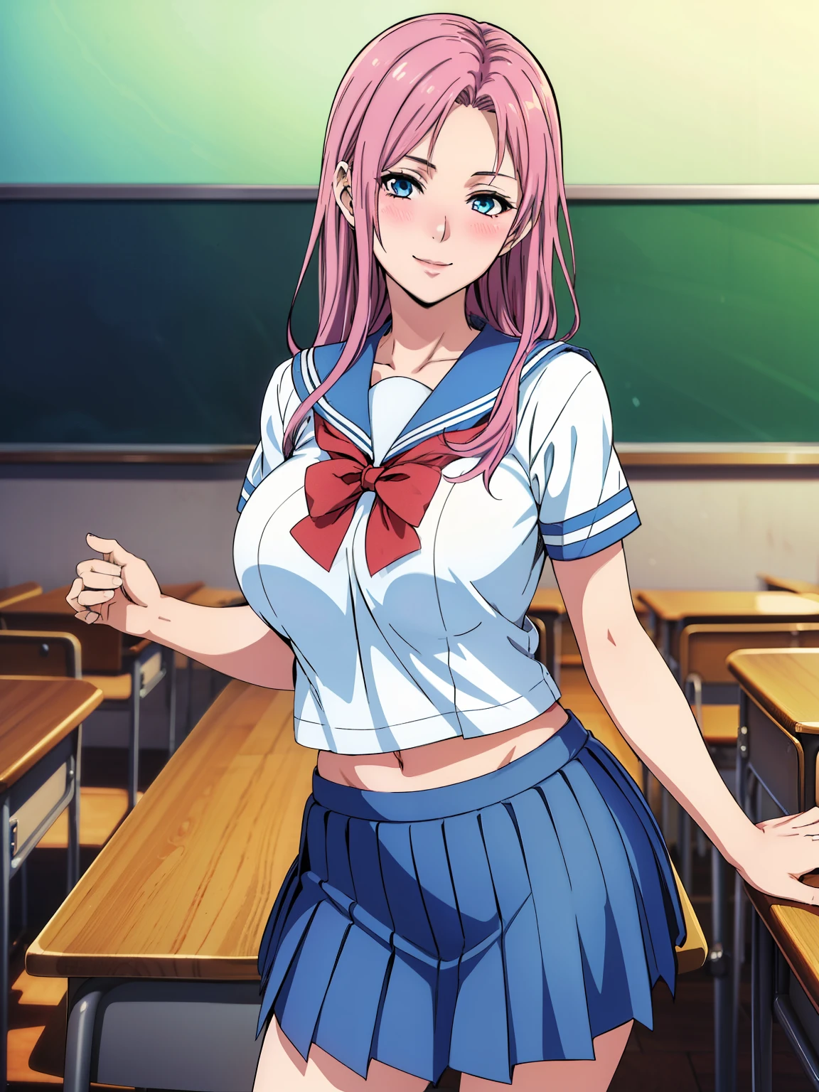 very tempting pose, (white serafuku : 1.3), blue pleated skirt, red bowtie, classroom background, elise, anime cels style, best quality, high resolution, 1girl, (large breasts:1.2), beautiful face, blue eye, cowboy shot, smiling, blush, looking at viewer