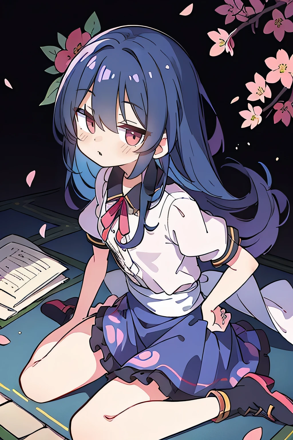 (best quality, masterpiece:1.2), expressive eyes, perfect face, 1 girl, hands on waist, beautiful, gorgeous, Japanese animation, Lola, Hinamori Angel, blue hair, floating clothes, waist grab, waist grab, hands on hips, sitting, sitting on the ground, legs on the ground, flat-chested, falling petals, sitting in a pavilion, pavilion,sunrise,Petals fall,
