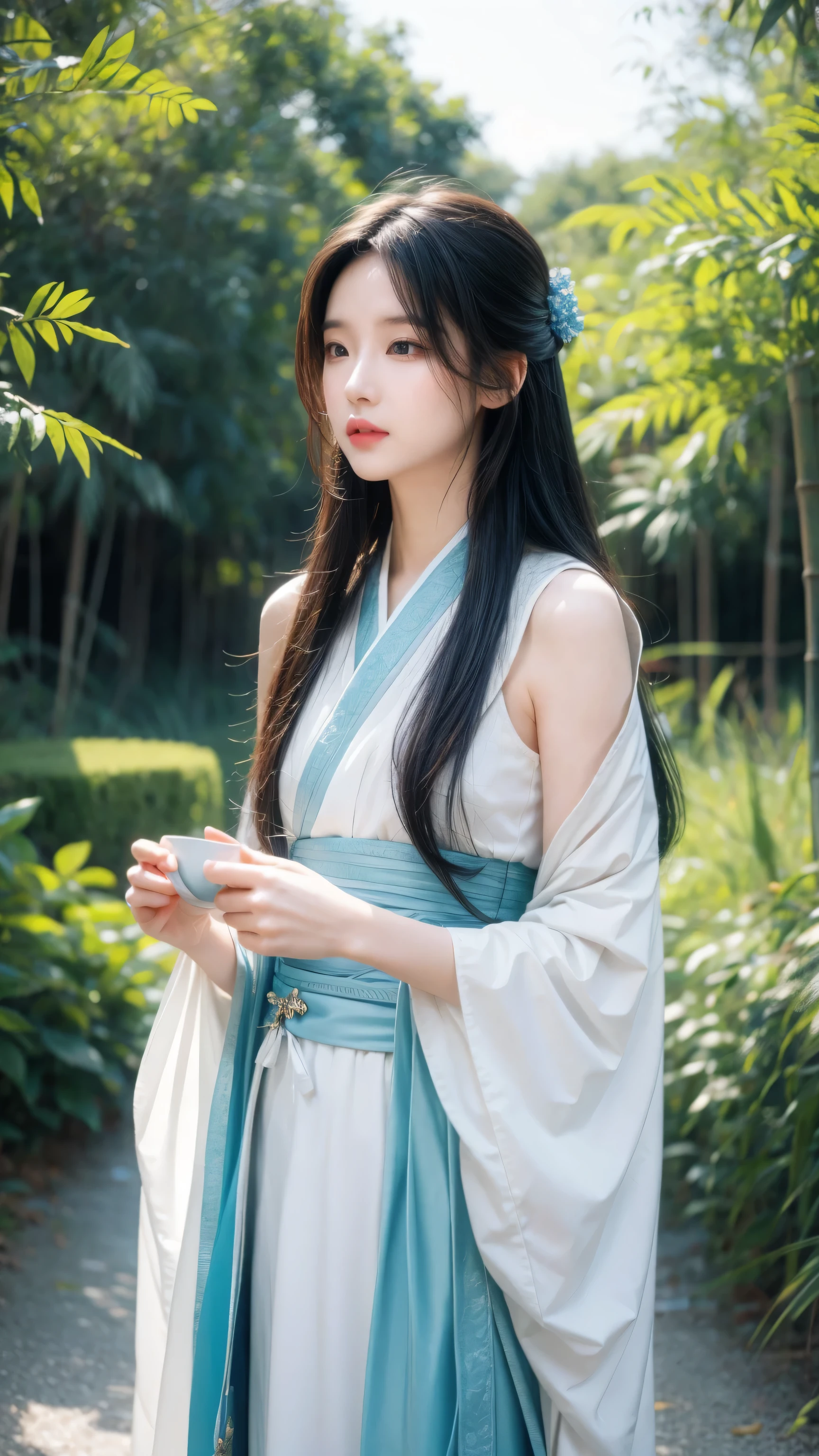 masterpiece, best quality, official art, 8k wallpaper, Very detailed, illustration, 1 boy, Chinese, ink, Sky blue hair, Long hair, Delicate eyes, Forrest Fun, Bare shoulders, Hanfu, lake, pure, Gentle smile, bamboo, Tea