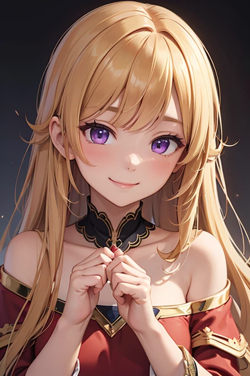 ​masterpiece、top-quality、(gold colored long hair、I have bangs:1.1)、25 year old woman with purple eyes、wearing a red off-shoulder dress、(Emphasis on the chest:1.1)、(modest smile expression:1.3)、(Staring:1.5)、(Close-up of the subject's face:1.3)、is standing、five perfect and beautiful fingers、place the camera over the subject、The background is the party venue、Bold composition、Upper body is shown、Alone、