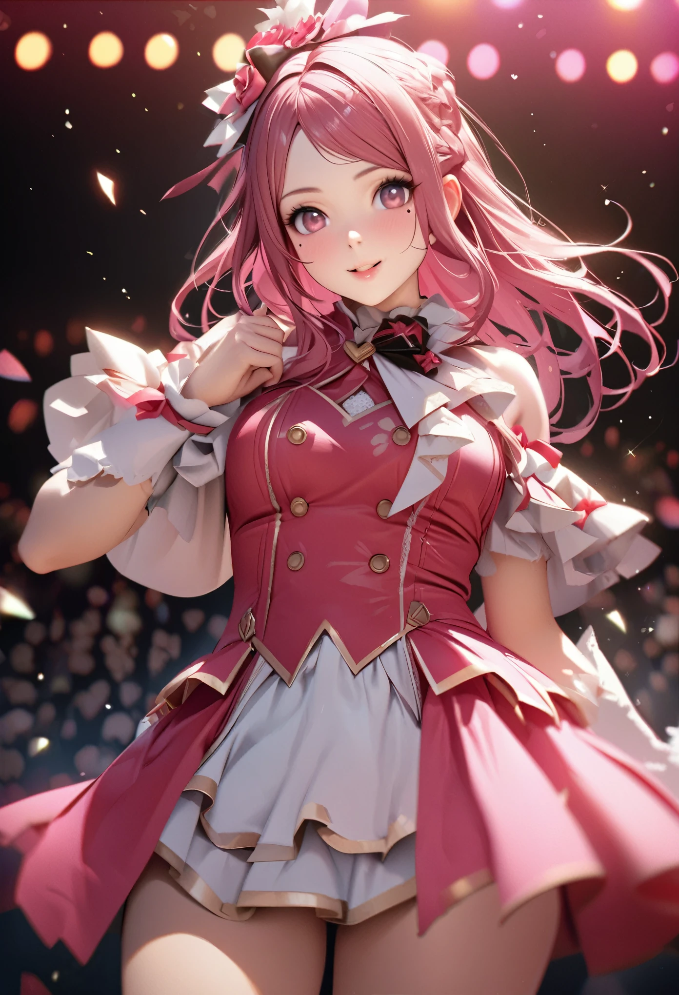 One Girl、Looking at the audience、
Beautiful Pink Eyes、long pink hair、,Mole under the eye、Plump and glossy lips、Heart-shaped choca、Idol、she is name Riko,smile、ー、。.。.。.。.。.。.。.。.。.。.。.。.。.。.。.。.。.。.3D、Realistic、
idol costume、short skirt,Drape clothes、gem、The decoration has been removed、Floral、Lace trim,On the glittering stage、
masterpiece、highest quality、8k、Detailed skin texture、Detailed cloth texture、Beautifully detailed face、Intricate details、Very detailed、
超A high resolution、8K Ultra HD、Film Grain、Best Shadow、delicate、Staring at the audience、front