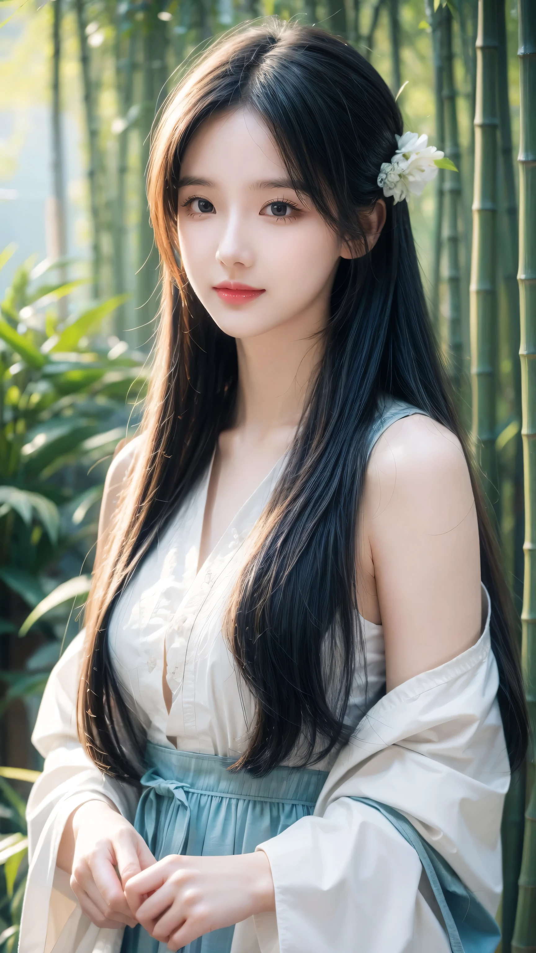 masterpiece, best quality, official art, 8k wallpaper, Very detailed, illustration, 1 girl, Sky blue hair, Long hair, Delicate eyes, Forrest Gump, Bare shoulders, Hanfu, lake, pure, Gentle smile, bamboo, Tea