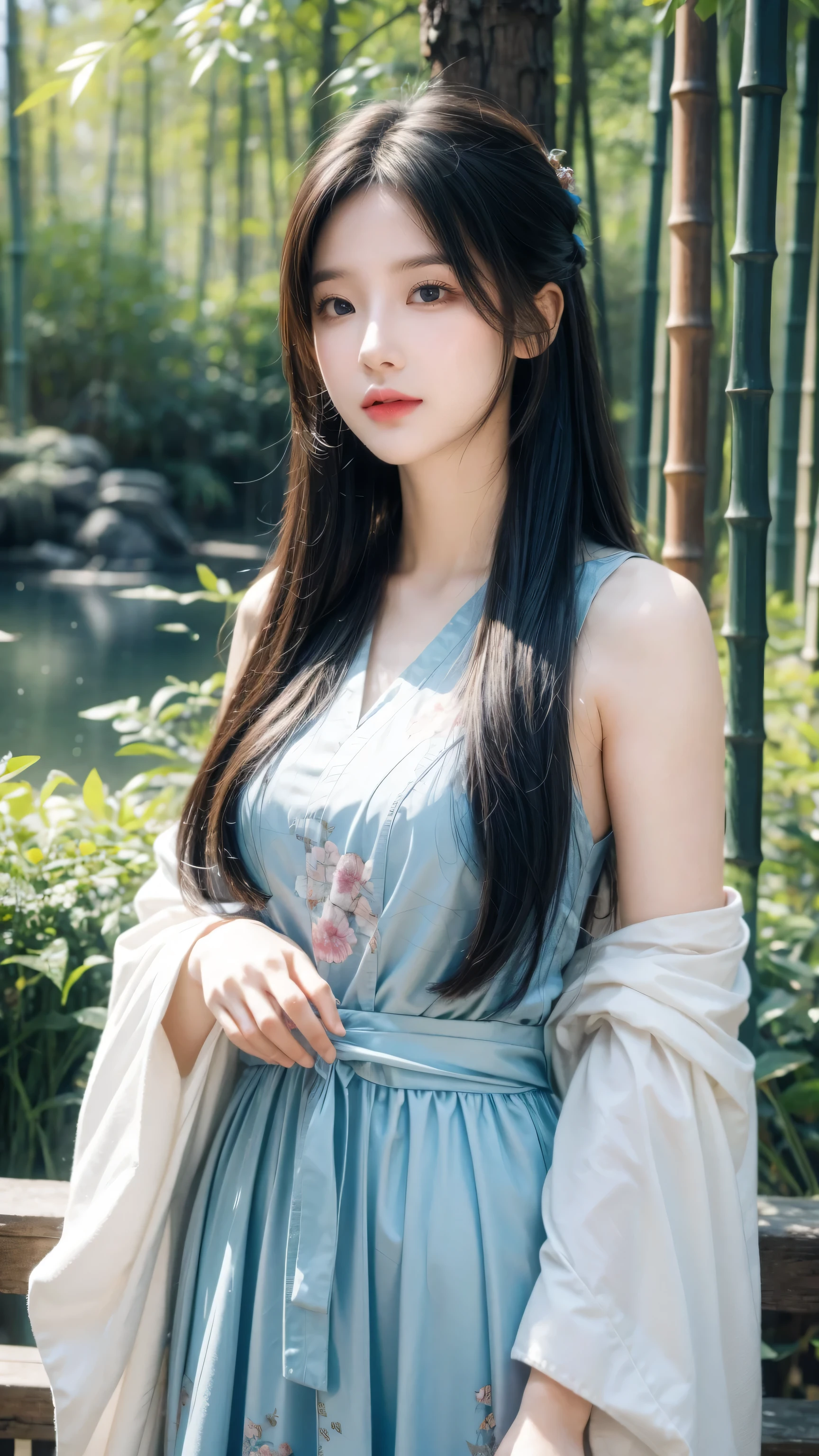 masterpiece, best quality, official art, 8k wallpaper, Very detailed, illustration, 1 girl, Sky blue hair, Long hair, Delicate eyes, Forrest Gump, Bare shoulders, Hanfu, lake, pure, Gentle smile, bamboo, Tea