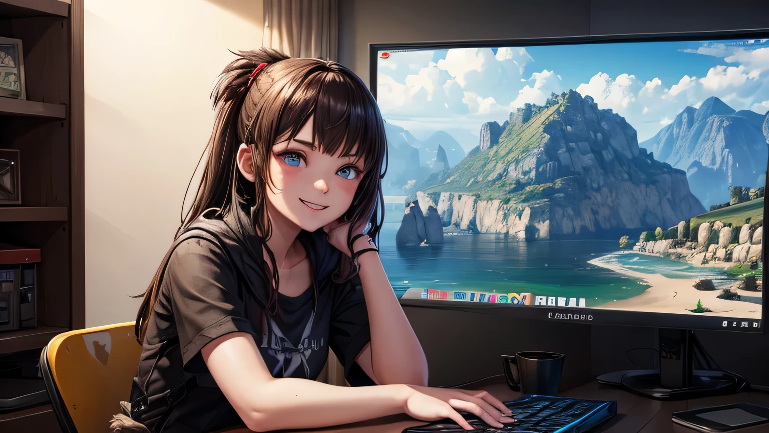 Girl Dasha 20 years old, smiling, plays at home on the computer in ARK: Survival Evolved, looks at the monitor, Not a close-up