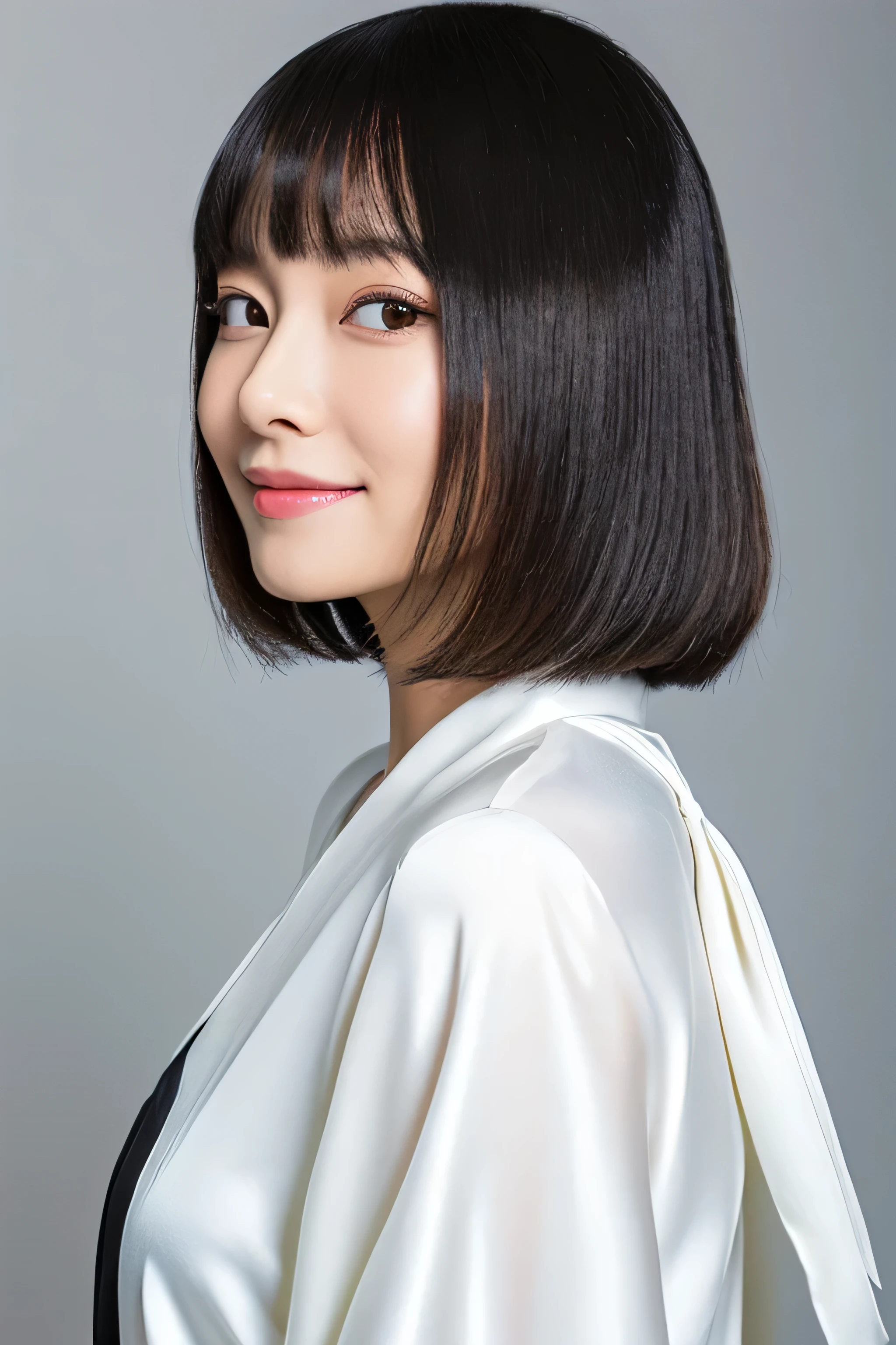 (Pure white wall background:1.ID photo number 8)　(One of the most beautiful 24-year-old women in Japan)　(Very happy expression)　((Her hair is incredibly straight、Very shiny、Beautiful as silk、A jet black bob cut with attention to detail, Thin Hair, And it&#39;s plentiful.))　(From above)　((highest quality)), ((masterpiece)), (Familiar)　(Get used to it)　Perfect Face　(Her skin is a typical Japanese skin color...、Very detailed)　　(Big Breasts)　(she&#39;wearing a shiny white silk shirt)　(Her face is slim and dignified..., length, Narrow eyes..々Nice face)　(Her bangs Well organized)　(she has perfect beautiful makeup　Lipstick is light red　A solid eyeliner)　(She has beautiful black hair.)　((Rich 1.4))　(Extremely detailed 8K)　(Stable Diffusion Model)　(Ultra-fine skin texture 1.4)　(Actual, Vibrant:1.4), double eyelid　Sharp focus:1.2、Beautiful woman:1.4　Dynamic Lighting　(Genuine RAW photos taken by professional photographers)　　(she&#39;s long bangs, Reaching for her eyes, Well organized)　(Turn your whole body to the viewer)　Professionally lit from the front