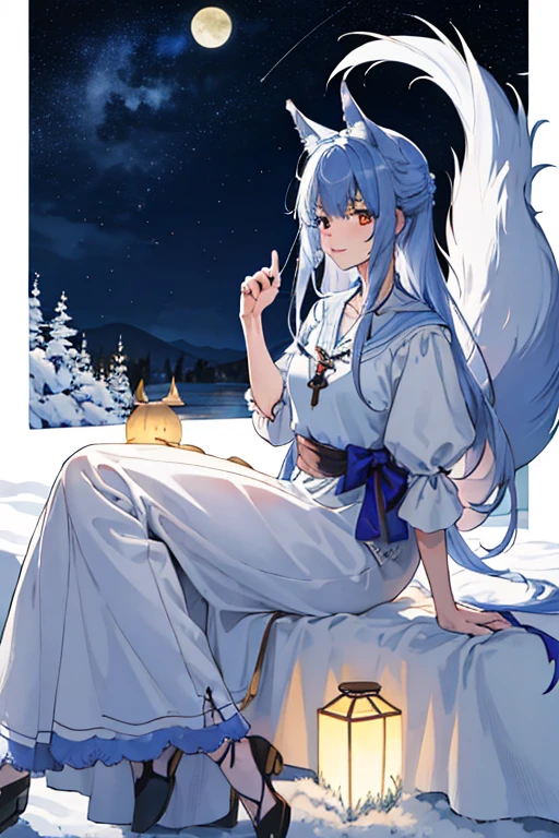 highest quality、High resolution、1 girl、allein、laufen、Eckzahn、Zahn、(Pony ausrichten、leicht braunes Haar、Wolfsohren、ein Schwanz、laufen、marineblaues Kleid、Weizenfeld bei Nacht、Vollmond、(It has a big tail)、Sitzen mit hochgezogenen Knien