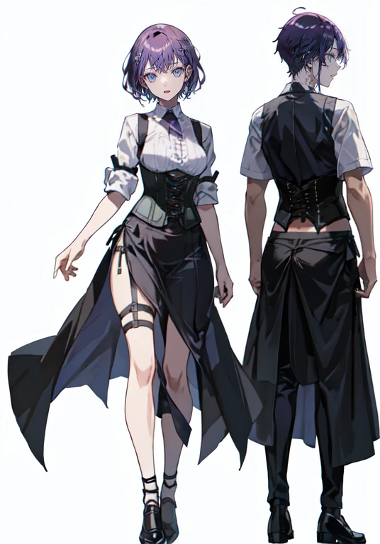 ((Perfect Face)),Purple Hair,Shortcuts,Adult female,bartender,((Body Harness)),((Shirt with rolled up sleeves)),tie,Black vest,((corset)),(skirt)((slit)),,((Simple Background)),smile,((full body)),((Full Body)),((whole body))Character portrait,((upright)),Both arms are lowered,