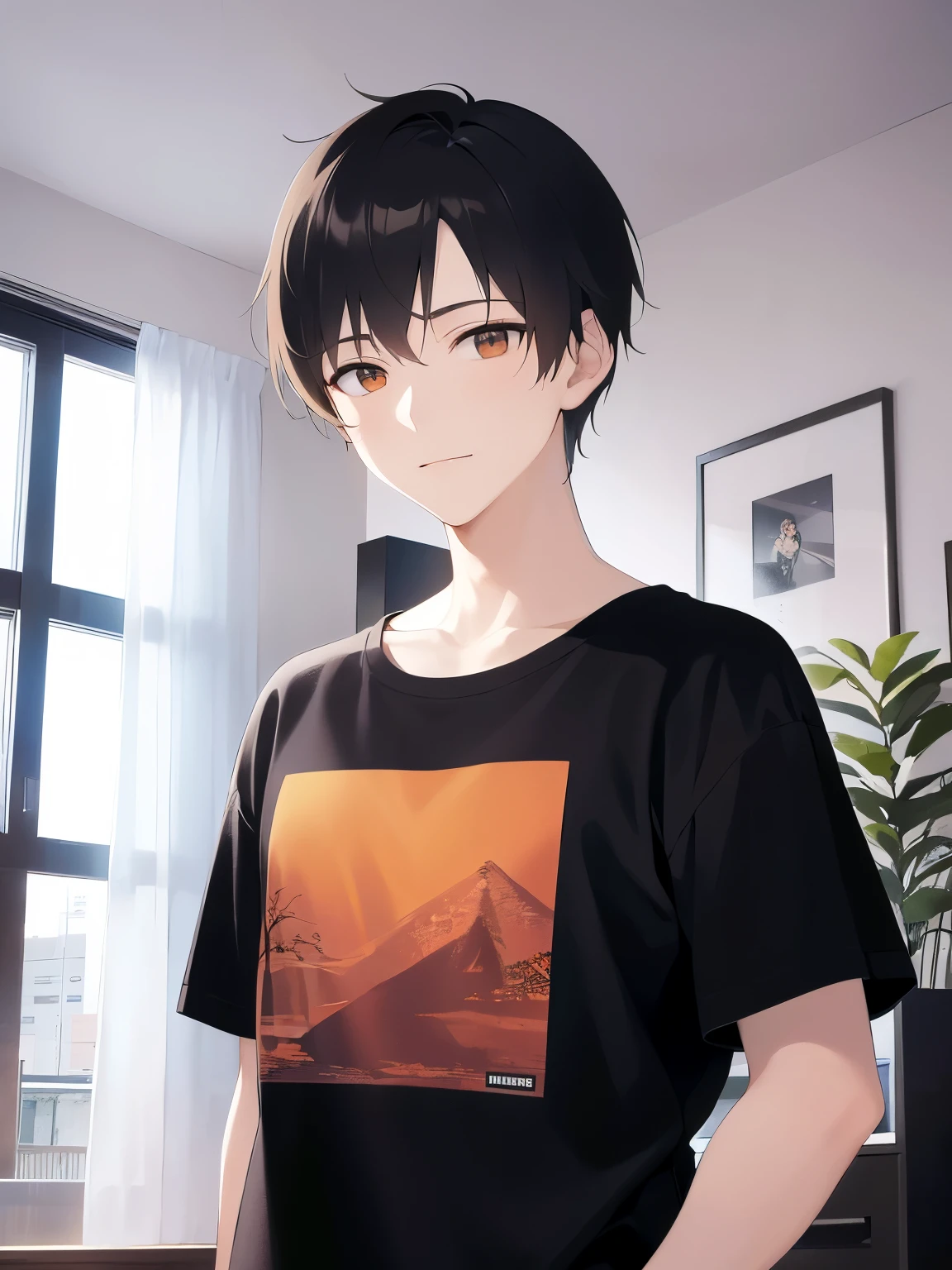 Upper Body, masterpiece、highest quality、(25-year-old male:1.5) and (brown short hair) and (Orange eyes), Wearing a plain black T-shirt、Are standing、smile、The background is the living room、(Alone:1.5)