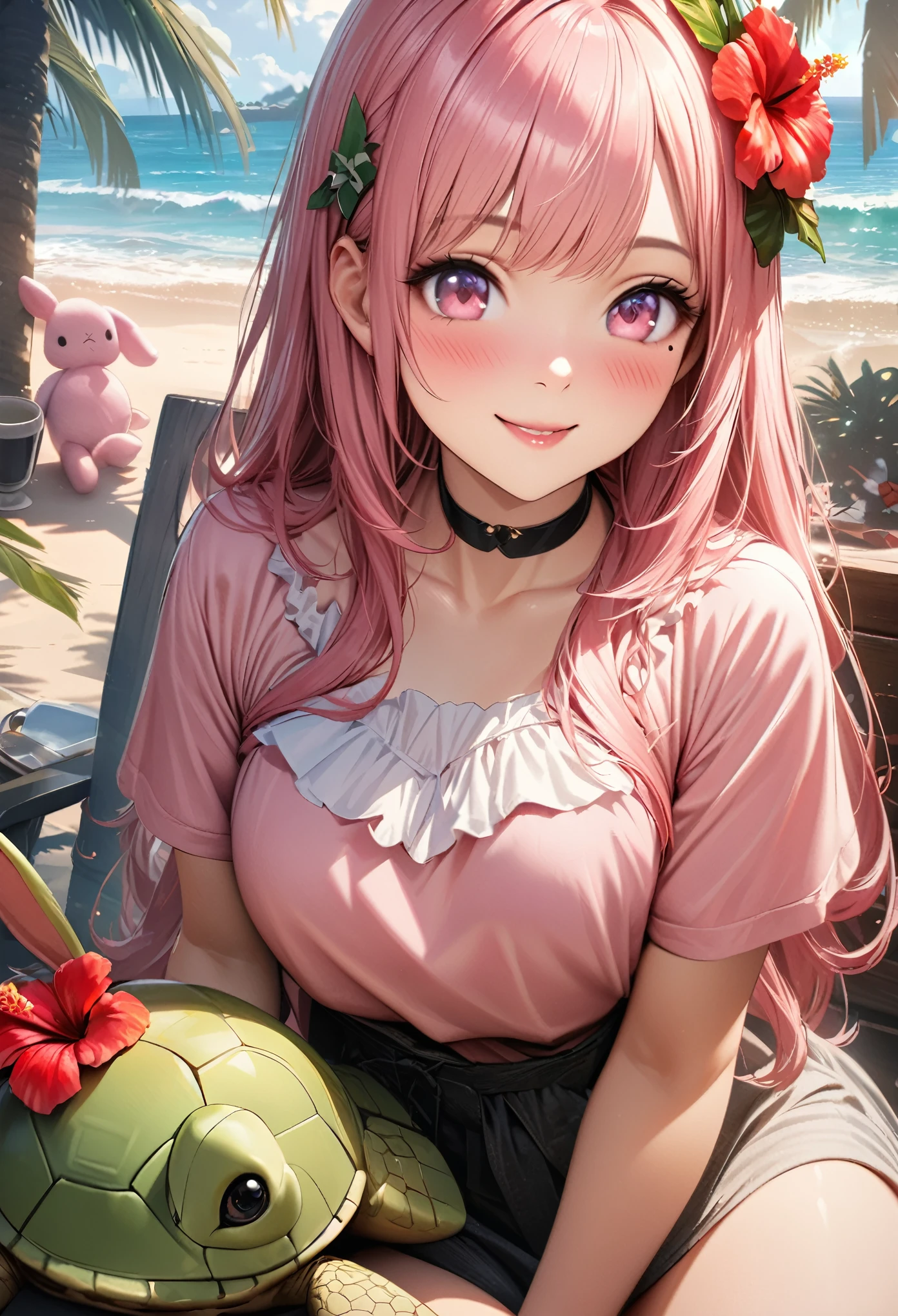 Masterpiece, Best Quality, Highly Detailed, High Definition, High Definition, High Definition, 4k, 8k, Unity 8K Wallpaper, Highly Detailed CG, Masterpiece, Realistic, Beautiful Details, Depth, Fine Texture, Best Quality: 1.3, Total concentration, perfect skin, boyfriend, very cute anime, cute like an idol, tall pink semi-long hair, one girl, Hawaiian dress, cute stuffed rabbit, stuffed sea turtle, palm tree, greeting, hibiscus hair decoration, smile, afternoon, coffeetime,long pink hair, whole body, mole under the eye, gaze, high, blush, lips parted, his art, pink eyes, choker