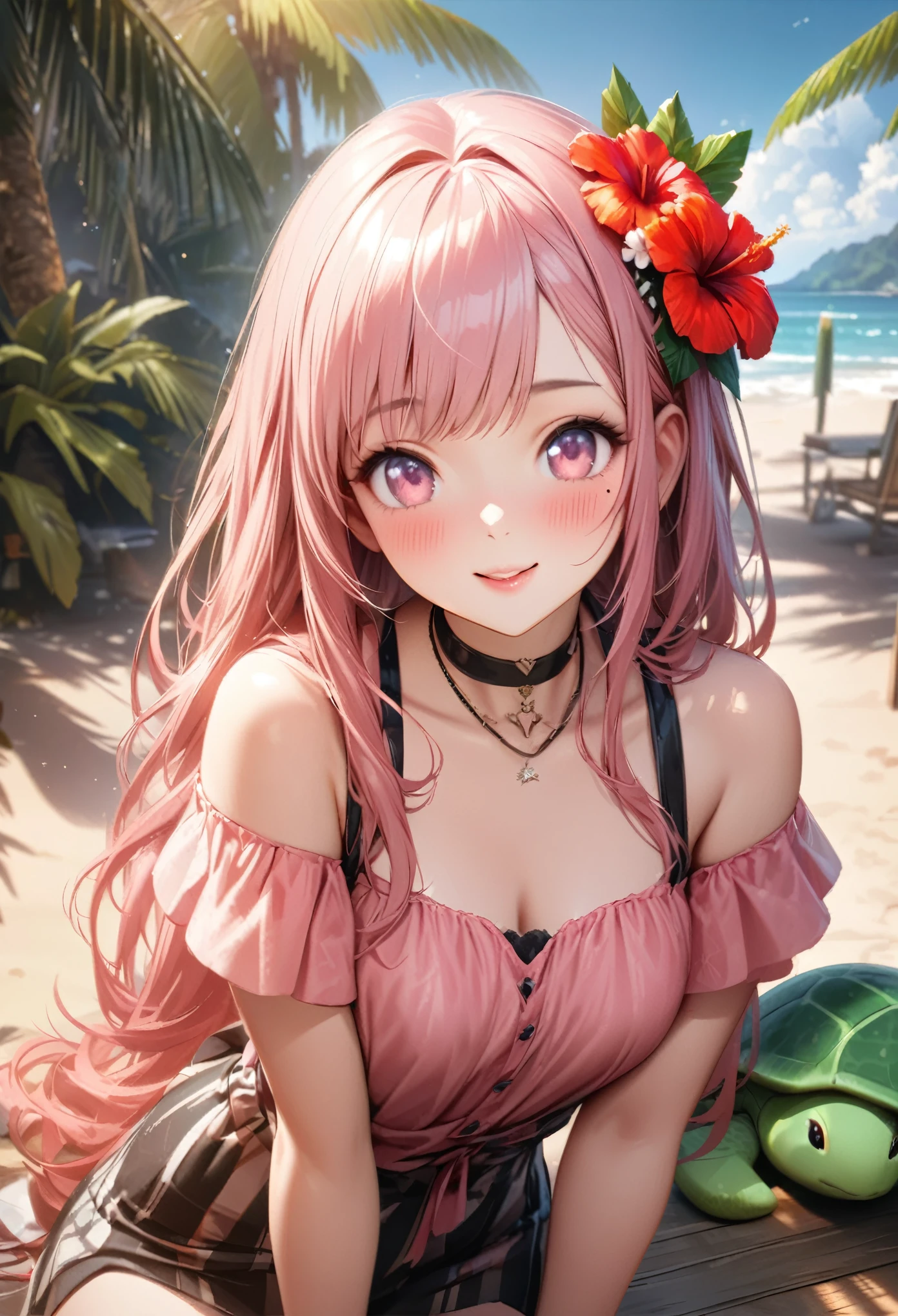 Masterpiece, Best Quality, Highly Detailed, High Definition, High Definition, High Definition, 4k, 8k, Unity 8K Wallpaper, Highly Detailed CG, Masterpiece, Realistic, Beautiful Details, Depth, Fine Texture, Best Quality: 1.3, Total concentration, perfect skin, boyfriend, very cute anime, cute like an idol, tall pink semi-long hair, one girl, Hawaiian dress, cute stuffed rabbit, stuffed sea turtle, palm tree, greeting, hibiscus hair decoration, smile, afternoon, coffeetime,long pink hair, whole body, mole under the eye, gaze, high, blush, lips parted, his art, pink eyes, choker