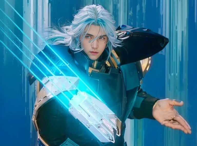 A ultra realistic boy with blue hairs, blue leather jacket,black shoulders pads of metal, lighting blueblines from hands, post apocalyptic city background, photo realistic, ultra realistic, uhd, 4k, Professional photography nikon, insane details