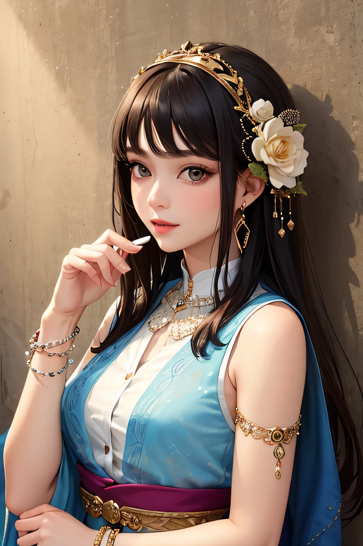 ((highest quality)), ((masterpiece)), (detailed), One beautiful girl,Upper Body,Perfect Face,Wearing a sleeveless kimono,Bracelet